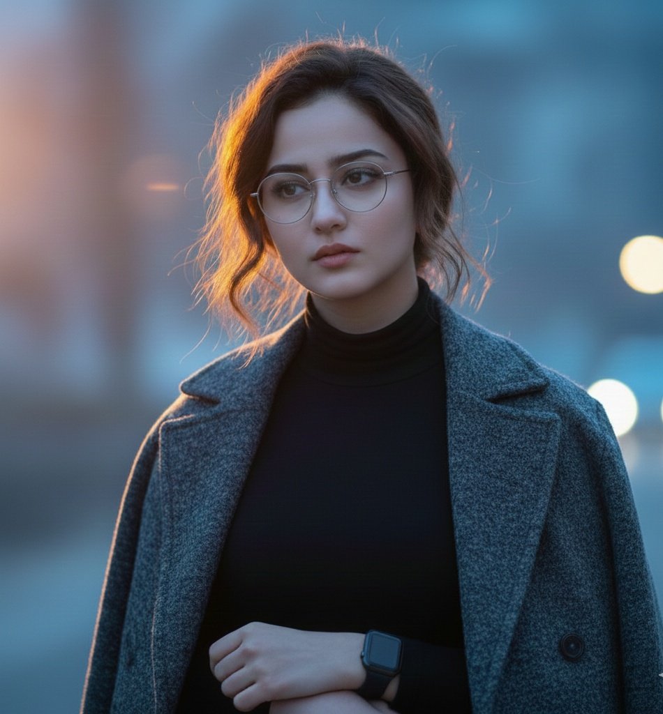 Ultra-realistic cinematic portrait of a young woman, standing outdoors in a quie