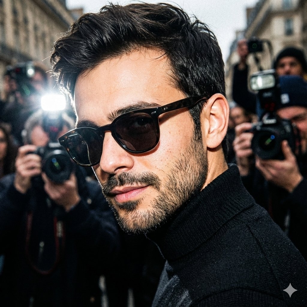 Unplanned paparazzi style portrait, an intense, close-up moment capturing a man