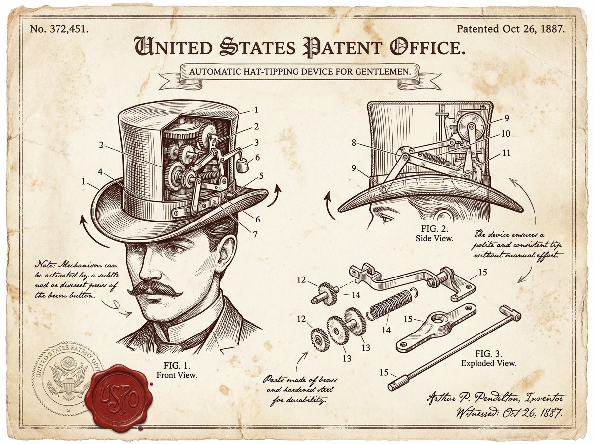Vintage Patent: Automatic Hat-Tipping Device Steampunk Art