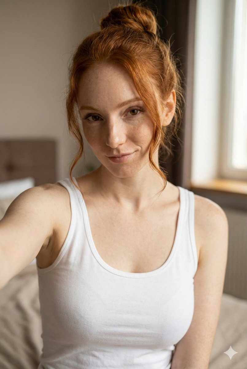 Waist-up selfie portrait of a young woman indoors,