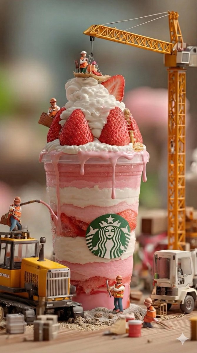 Whimsical Miniature Construction on Strawberry Drink