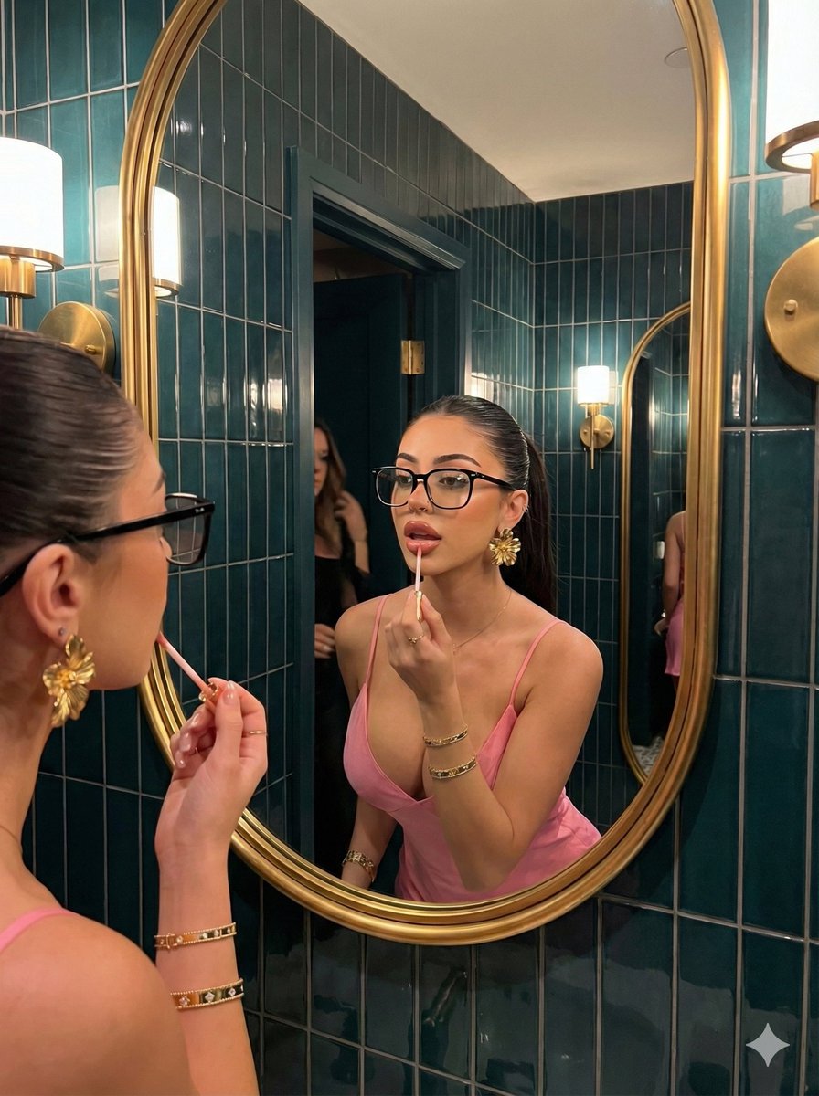 Woman Applying Makeup in Mirror | Stylish Bathroom Portrait