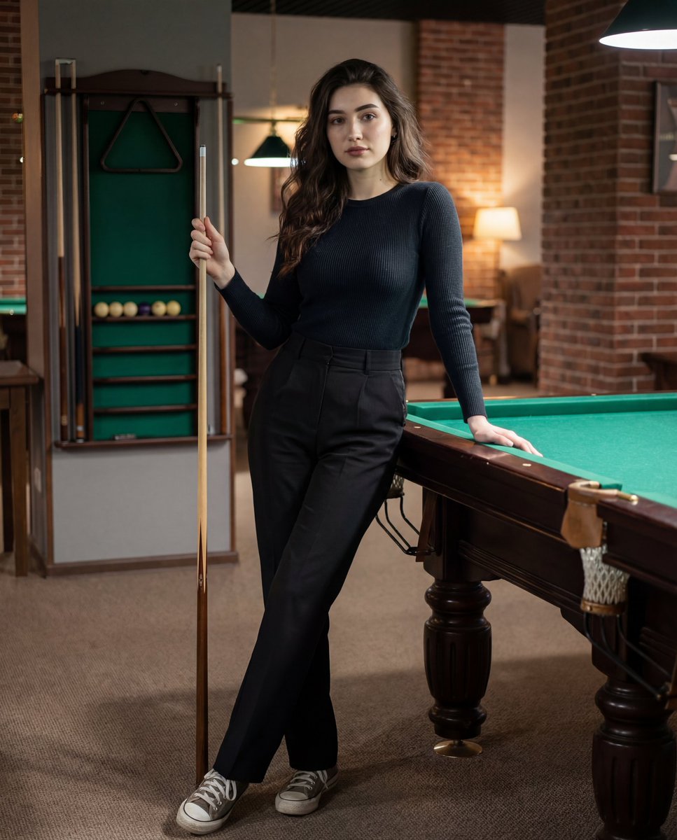 Woman in Pool Hall: Casual Portrait with Billiards Table