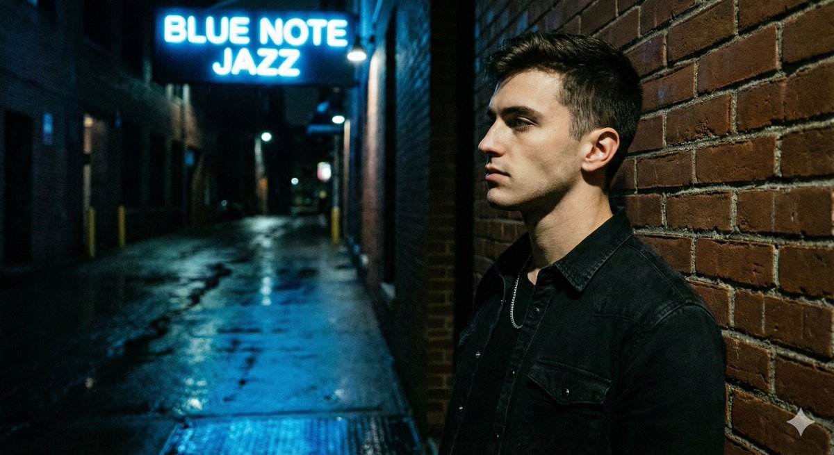 Young man leaning against a brick wall at night