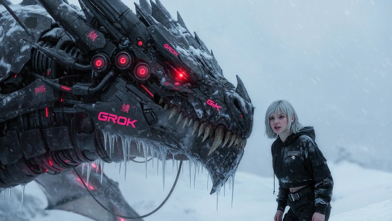 A Colossal Oni-Dragon and Defiant Girl in a Cyberpunk Tundra