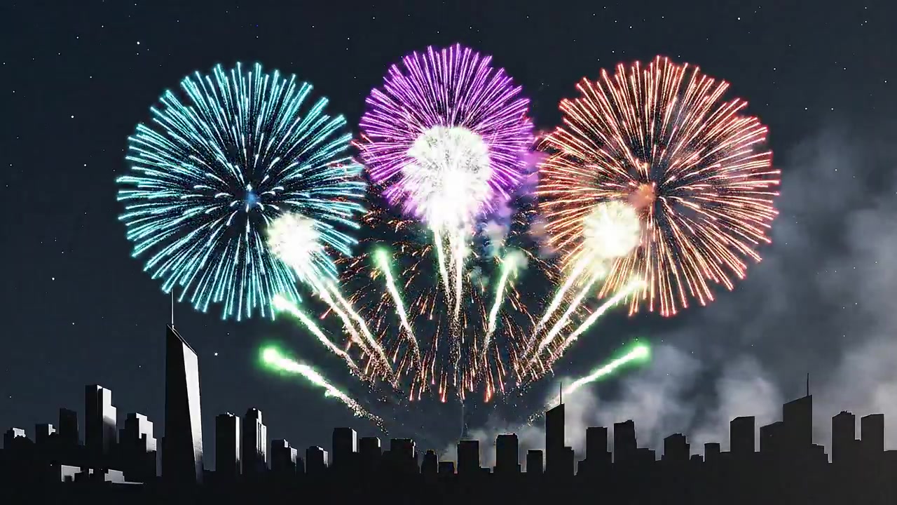 A jubilant crowd erupts under a cascade of fireworks and neon lights