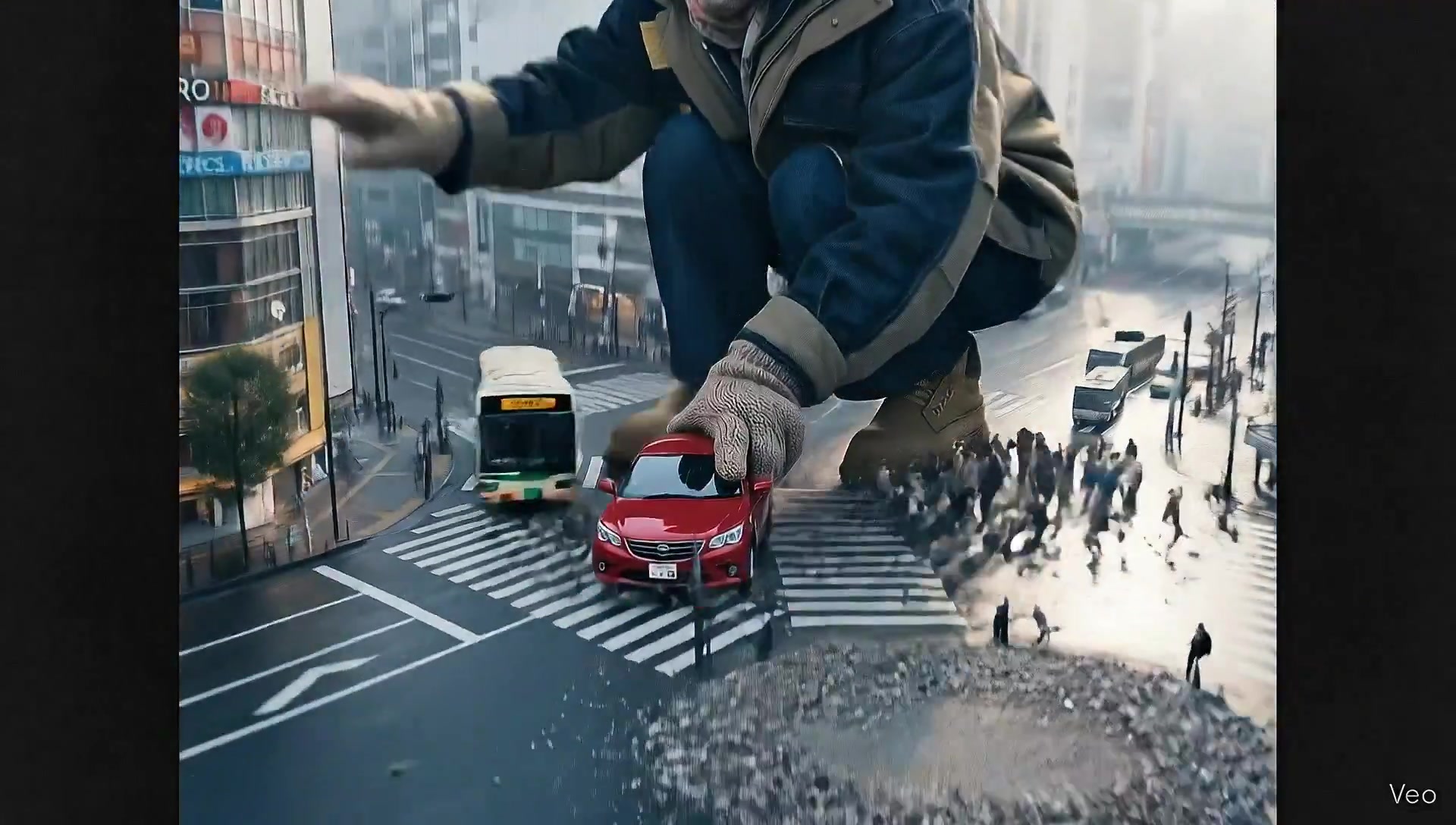 Aerial Shot of a Colossal Figure in Tokyo