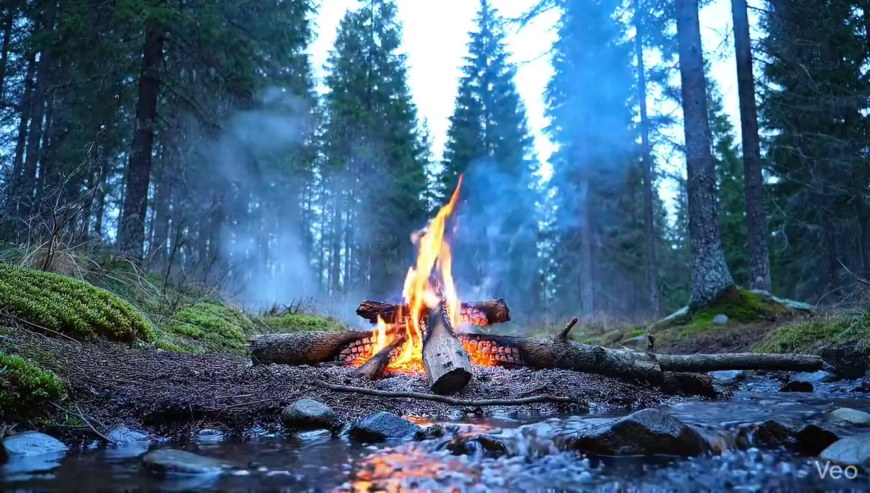 Dawn Campfire in a Pine Forest: Mist and Ember Glow