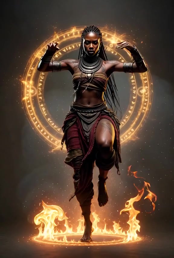 Dynamic Afro-Futuristic Warrior in a Cinematic Realm