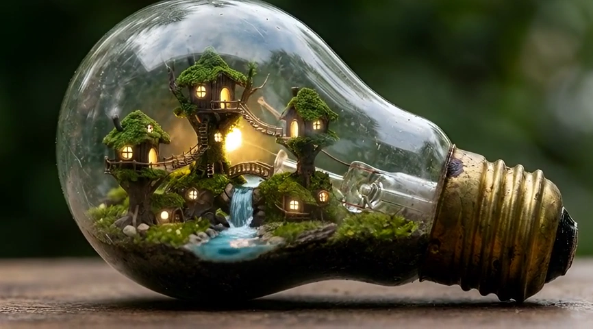 Enchanted Illumination: A Fairy Village in a Lightbulb