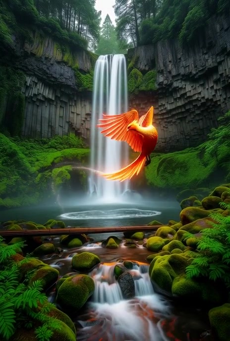 Enchanting Waterfall with a Glowing Phoenix