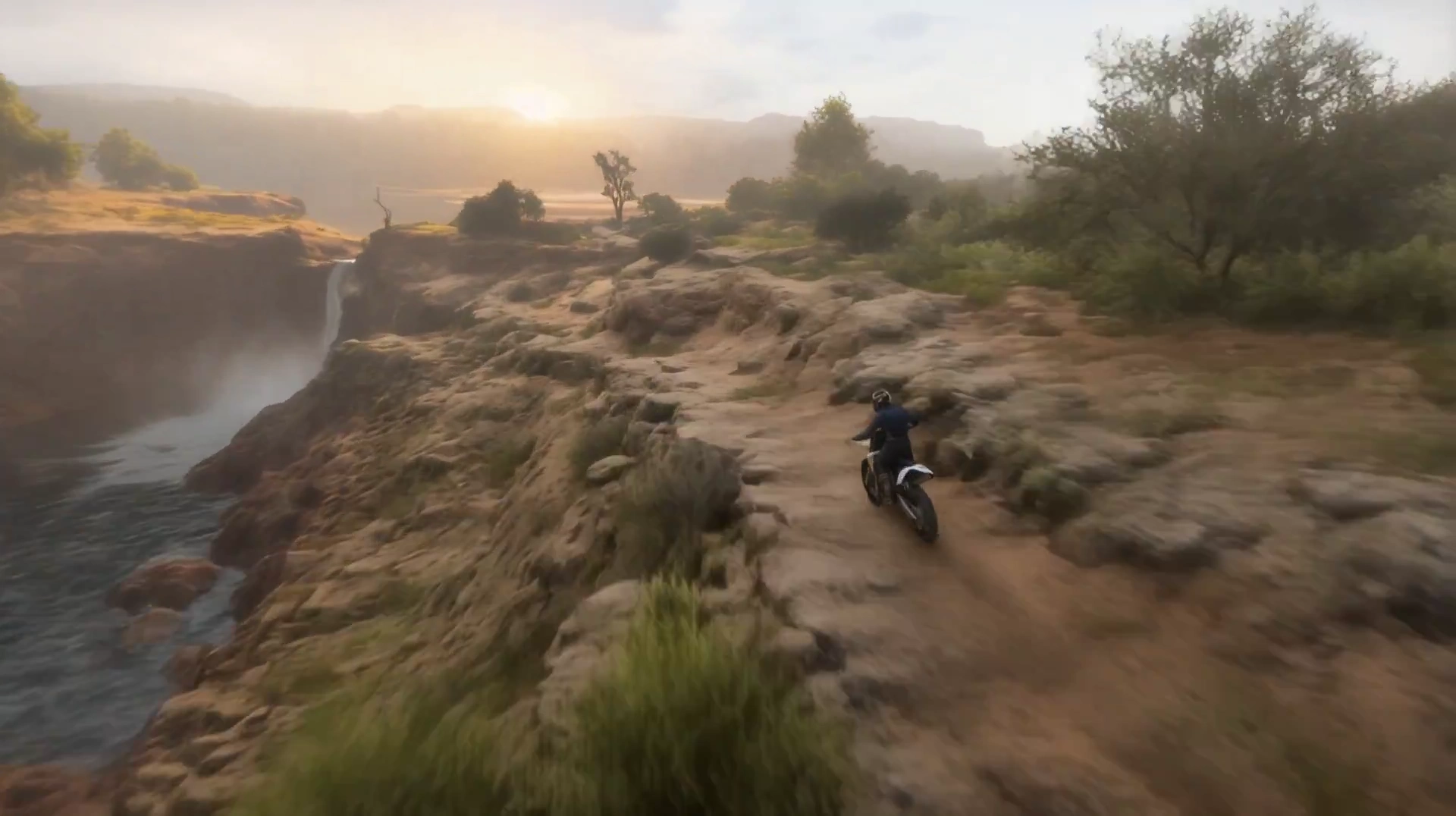 Enduro Bike Dash Along a River Gorge Ledge