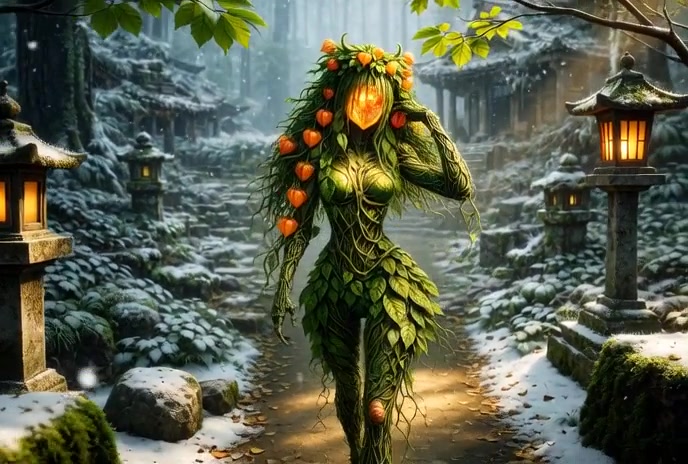 Enigmatic Humanoid in a Snowy Shrine