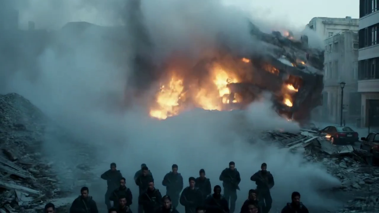 Epic Descent: Soldiers Amidst Ruin