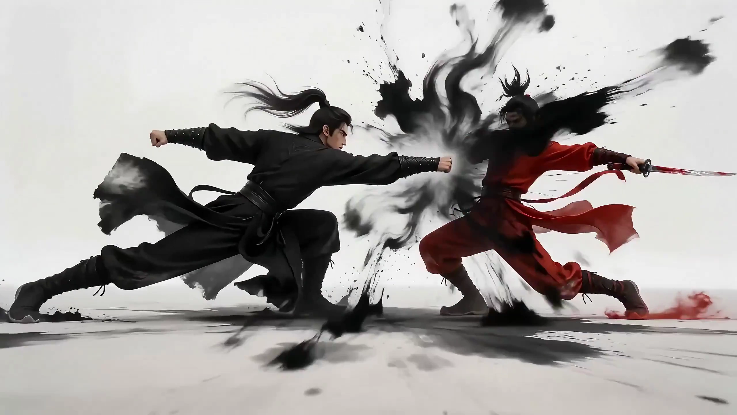 Epic Neo-Chinese Wuxia Duel: Ink Combat and Stunning Effects
