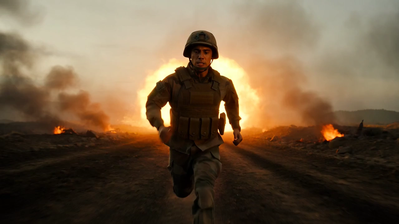 Epic Soldier Chase: Explosive Action in Slow Motion