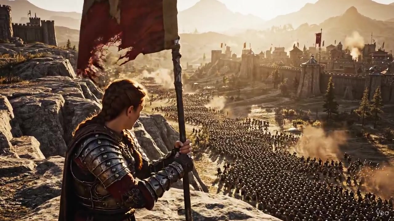 Epic Standoff: Warrior's Gaze Amidst the Approaching Hordes