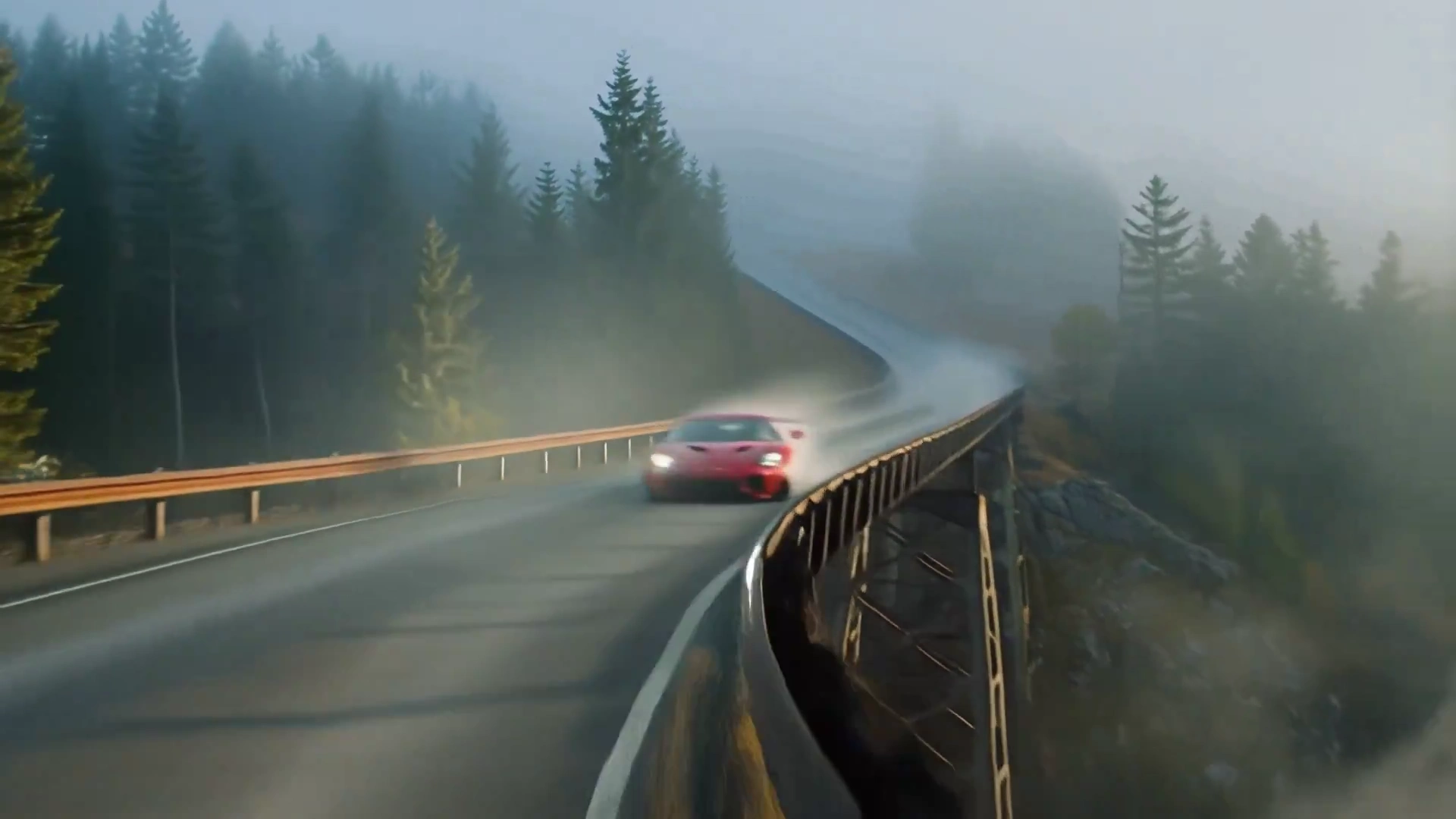 Foggy Heights: Supercar Thrill on a Mountain Bridge