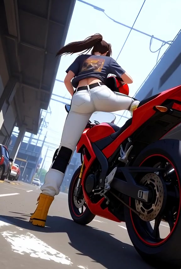 Gritty Urban Aesthetics: Anime Girl and Her Red Streetbike