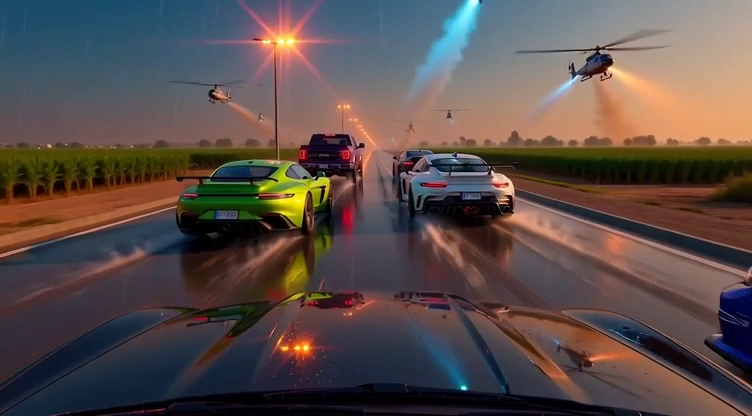 High-Speed Chase Through Dubai's Rainy Countryside