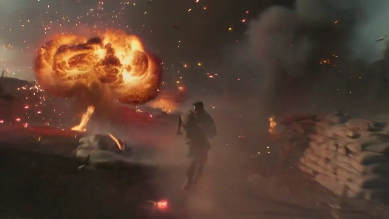 Intense Handheld Tracking Shot in Battlefield Chaos