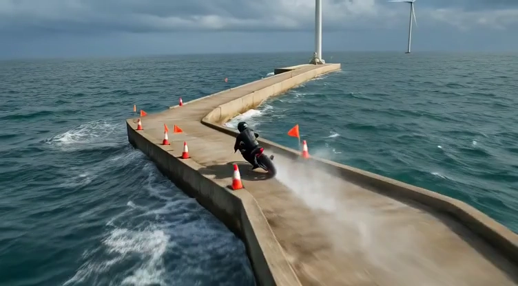 Riding the Edge: Motorcycle Thrills on a Stormy Causeway